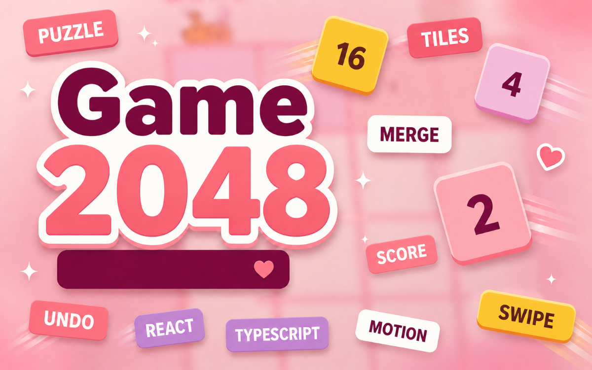 Game 2048 cover with playful pink typography, puzzle tiles, and interaction keywords