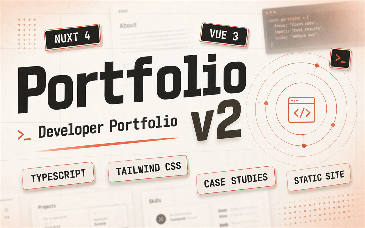 Portfolio v2 cover featuring green developer typography, technology labels, a terminal prompt, and an orbital web interface motif